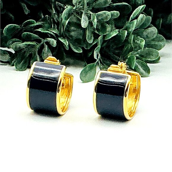 Elegant Navy and Gold Wide Huggie Clip On Hoop Earrings by Monet - Picture 1 of 5